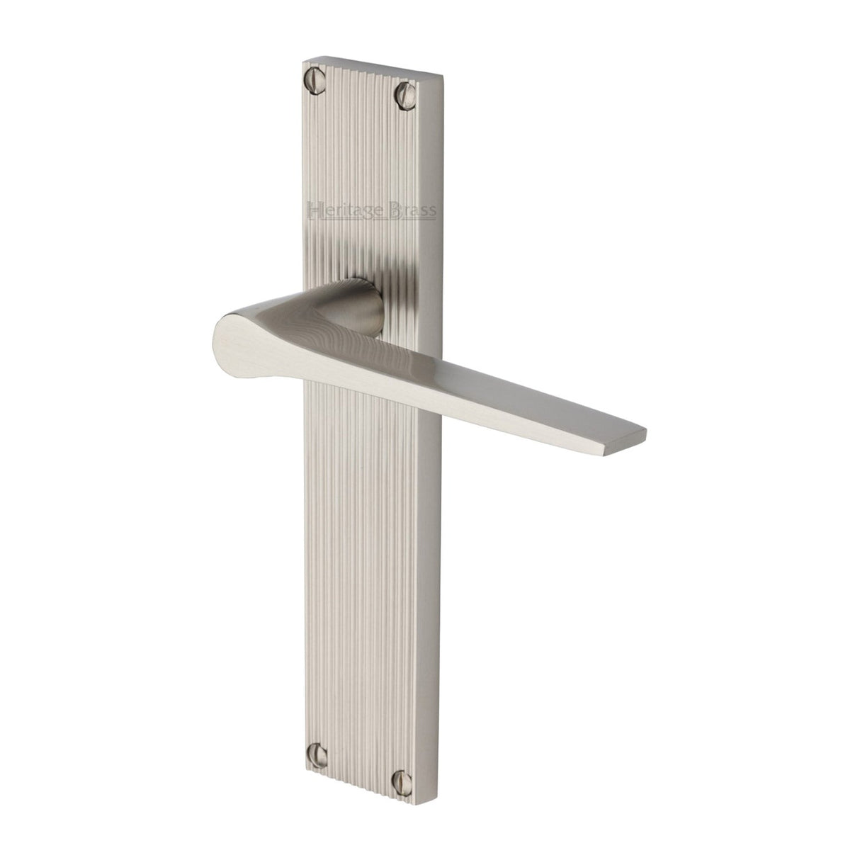 This is an image of a Heritage Brass - Gio Reeded Lever Latch Satin Nickel finish, rr4710-sn that is available to order from T.H Wiggans Ironmongery in Kendal.