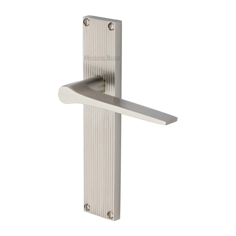 This is an image of a Heritage Brass - Gio Reeded Lever Latch Satin Nickel finish, rr4710-sn that is available to order from T.H Wiggans Ironmongery in Kendal.