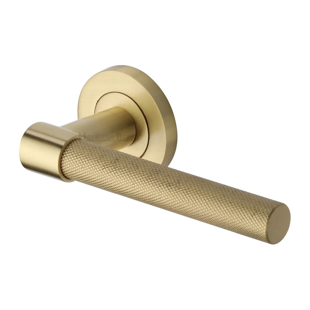 This is an image of a Heritage Brass - Door Handle Lever on Rose Phoenix Knurled Design Satin Brass Fin, rs2018-sb that is available to order from T.H Wiggans Ironmongery in Kendal.