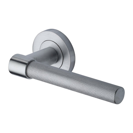 This is an image of a Heritage Brass - Door Handle Lever on Rose Phoenix Knurled Design Satin Chrome Finish, rs2018-sc that is available to order from T.H Wiggans Ironmongery in Kendal.