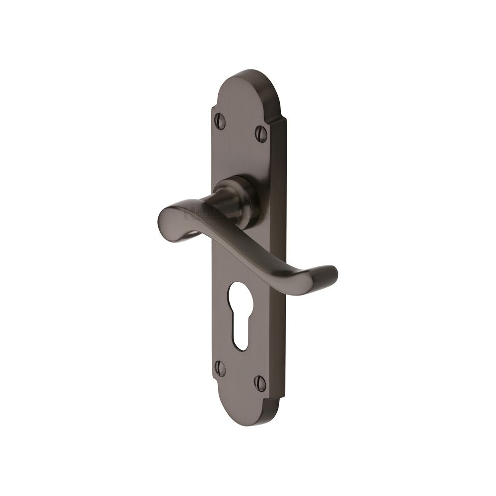 This is an image of a Heritage Brass - Door Handle for Euro Profile Plate Savoy Design Matt Bronze Fin, s607-48-mb that is available to order from T.H Wiggans Ironmongery in Kendal.