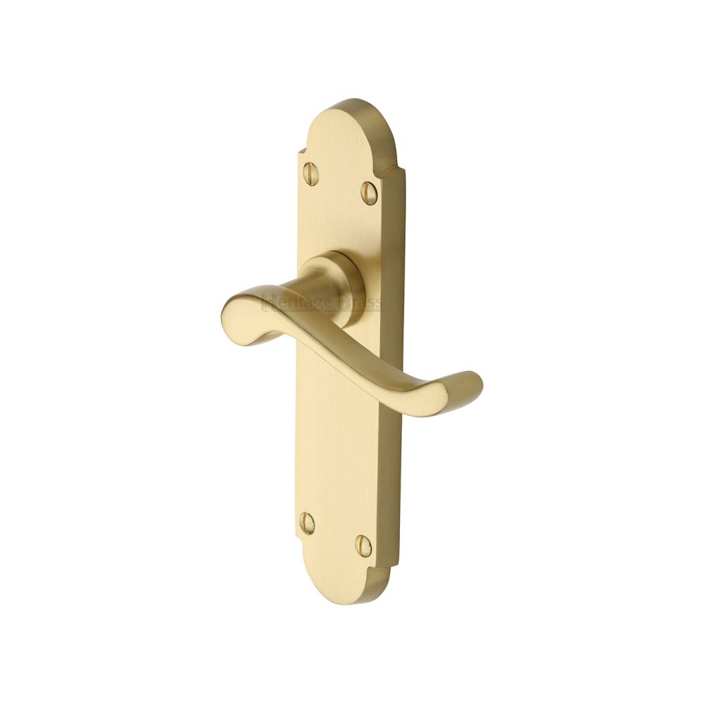 This is an image of a Heritage Brass - Door Handle Lever Latch Savoy Design Satin Brass Finish, s610-sb that is available to order from T.H Wiggans Ironmongery in Kendal.