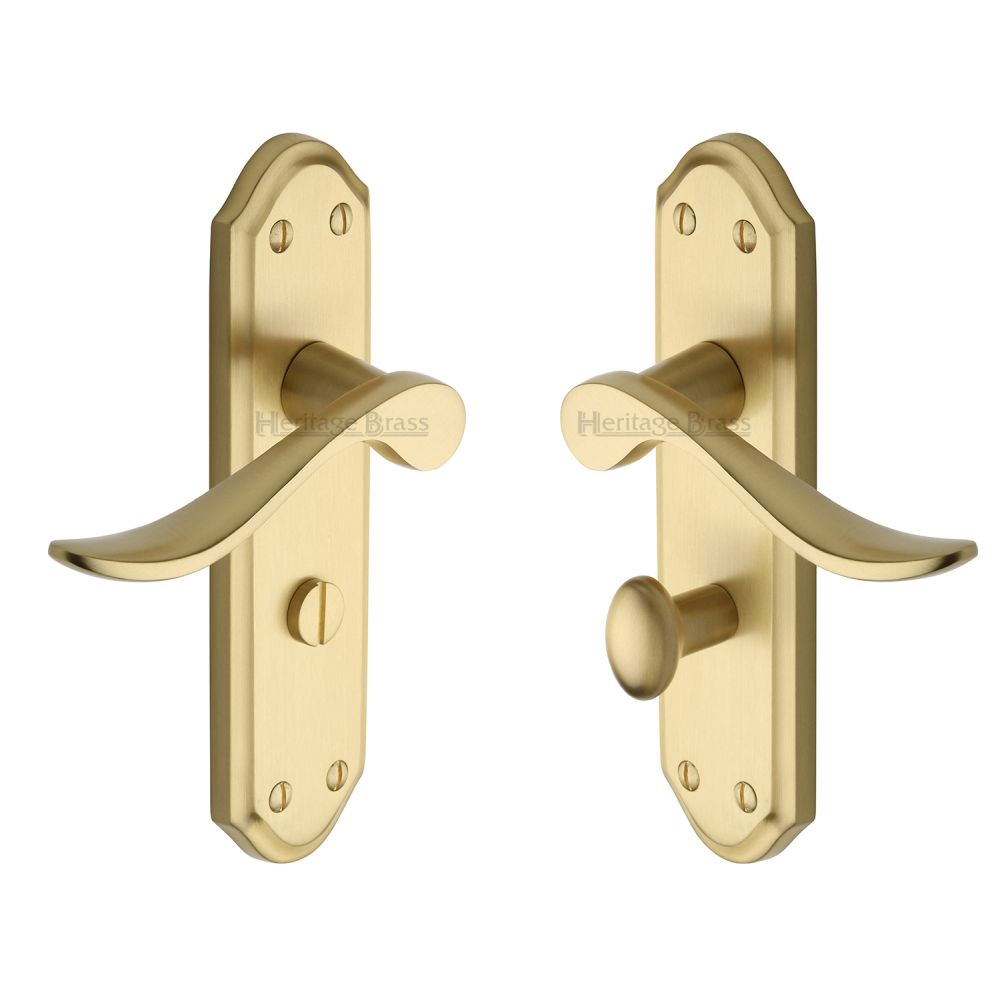 This is an image of a Heritage Brass - Door Handle for Bathroom Sandown Design Satin Brass Finish, san1430-sb that is available to order from T.H Wiggans Ironmongery in Kendal.