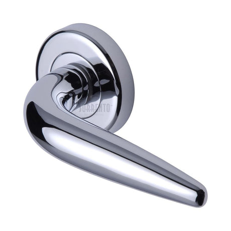 This is an image of a Sorrento - Door Handle Lever Latch on Round Rose Goccia Design Polished Chrome Finis, sc-1012-pc that is available to order from T.H Wiggans Ironmongery in Kendal.