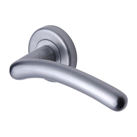 This is an image of a Sorrento - Door Handle Lever Latch on Round Rose Ico Design Satin Chrome Finish, sc-2012-sc that is available to order from T.H Wiggans Ironmongery in Kendal.