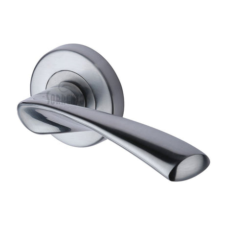 This is an image of a Sorrento - Door Handle Lever Latch on Round Rose Treviso Design Satin Chrome Fini, sc-2042-sc that is available to order from T.H Wiggans Ironmongery in Kendal.