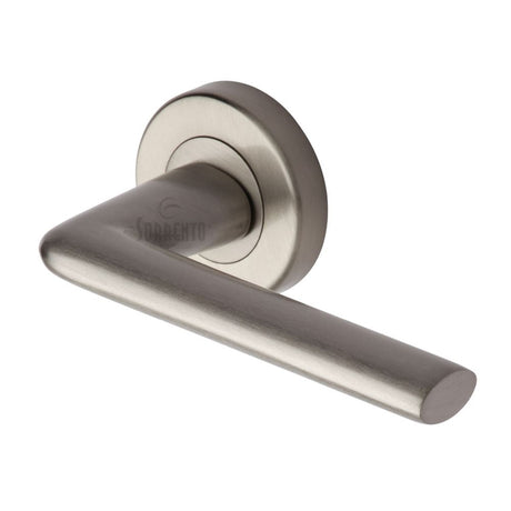 This is an image of a Sorrento - Door Handle Lever Latch on Round Rose Lena Design Satin Nickel Finish, sc-2352-sn that is available to order from T.H Wiggans Ironmongery in Kendal.
