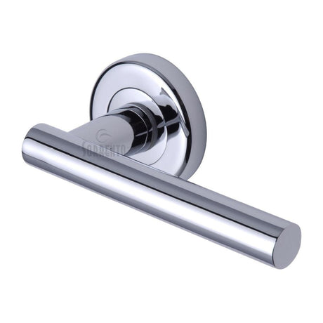 This is an image of a Sorrento - Door Handle Lever Latch on Round Rose Shuttle Design Polished Chrome Fini, sc-3052-pc that is available to order from T.H Wiggans Ironmongery in Kendal.