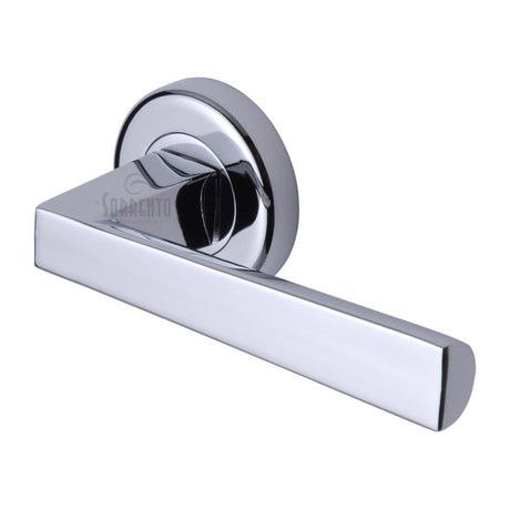 This is an image of a Sorrento - Door Handle Lever Latch on Round Rose Siloh Design Polished Chrome Finish, sc-3392-pc that is available to order from T.H Wiggans Ironmongery in Kendal.