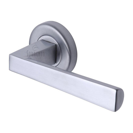 This is an image of a Sorrento - Door Handle Lever Latch on Round Rose Siloh Design Satin Chrome Finish, sc-3392-sc that is available to order from T.H Wiggans Ironmongery in Kendal.