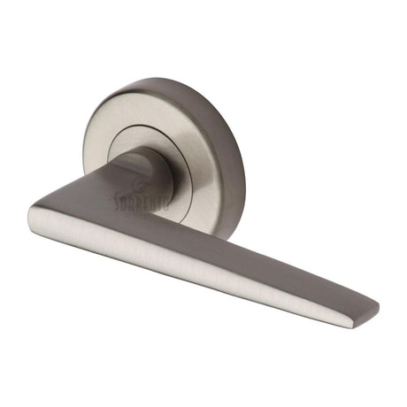 This is an image of a Sorrento - Door Handle Lever Latch on Round Rose Swift Design Satin Nickel Finish, sc-3450-sn that is available to order from T.H Wiggans Ironmongery in Kendal.