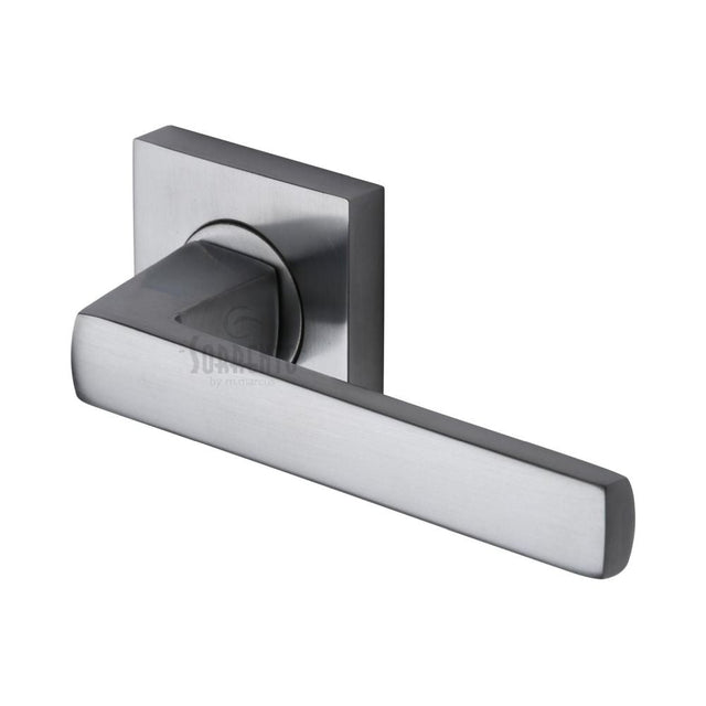 This is an image of a Sorrento - Door Handle Lever Latch on Round Rose Axis Design Satin Chrome Finish, sc-4062-sc that is available to order from T.H Wiggans Ironmongery in Kendal.