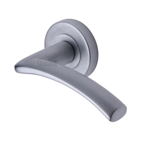 This is an image of a Sorrento - Door Handle Lever Latch on Round Rose Tosca Design Satin Chrome Finish, sc-4352-sc that is available to order from T.H Wiggans Ironmongery in Kendal.