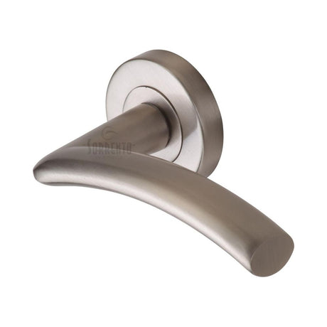This is an image of a Sorrento - Door Handle Lever Latch on Round Rose Tosca Design Satin Nickel Finish, sc-4352-sn that is available to order from T.H Wiggans Ironmongery in Kendal.