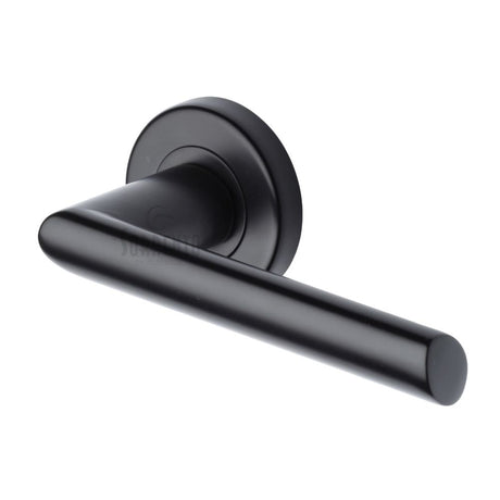 This is an image of a Sorrento - Door Handle Lever Latch on Round Rose Mercury Design Matt Black Finis, sc-4692-blk that is available to order from T.H Wiggans Ironmongery in Kendal.