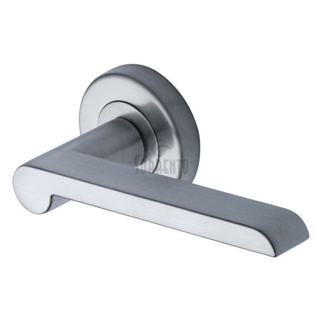This is an image of a Sorrento - Door Handle Lever Latch on Round Rose Lugano Design Satin Chrome Finis, sc-6220-sc that is available to order from T.H Wiggans Ironmongery in Kendal.