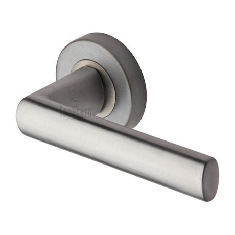 This is an image of a Sorrento - Door Handle Lever Latch on Round Rose Milan Design Satin Chrome Finish, sc-6420-sc that is available to order from T.H Wiggans Ironmongery in Kendal.