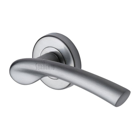 This is an image of a Sorrento - Door Handle Lever Latch on Round Rose Paris Design Satin Chrome Finish, sc-6743-sc that is available to order from T.H Wiggans Ironmongery in Kendal.