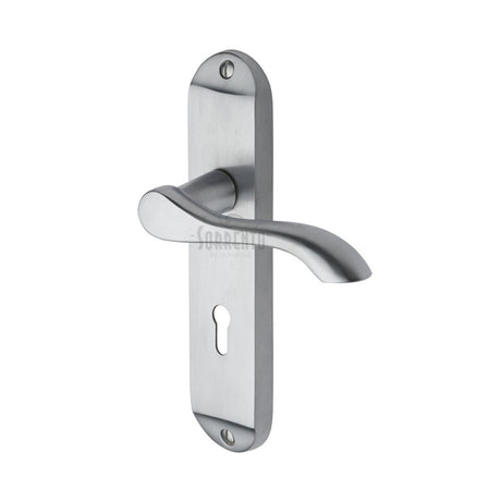 This is an image of a Sorrento - Door Handle Lever Lock Aurora Design Satin Chrome Finish, sc-7350-sc that is available to order from T.H Wiggans Ironmongery in Kendal.
