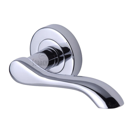 This is an image of a Sorrento - Door Handle Lever Latch on Round Rose Aurora Design Polished Chrome Finis, sc-7352-pc that is available to order from T.H Wiggans Ironmongery in Kendal.