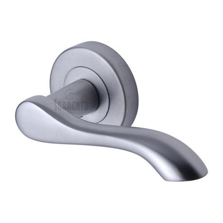 This is an image of a Sorrento - Door Handle Lever Latch on Round Rose Aurora Design Satin Chrome Finis, sc-7352-sc that is available to order from T.H Wiggans Ironmongery in Kendal.