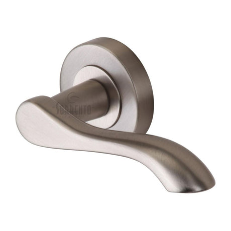 This is an image of a Sorrento - Door Handle Lever Latch on Round Rose Aurora Design Satin Nickel Finis, sc-7352-sn that is available to order from T.H Wiggans Ironmongery in Kendal.