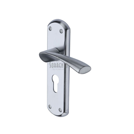 This is an image of a Sorrento - Door Handle Euro Profile Plate Atlanta Design Satin Chrome Finish, sc-7648-sc that is available to order from T.H Wiggans Ironmongery in Kendal.