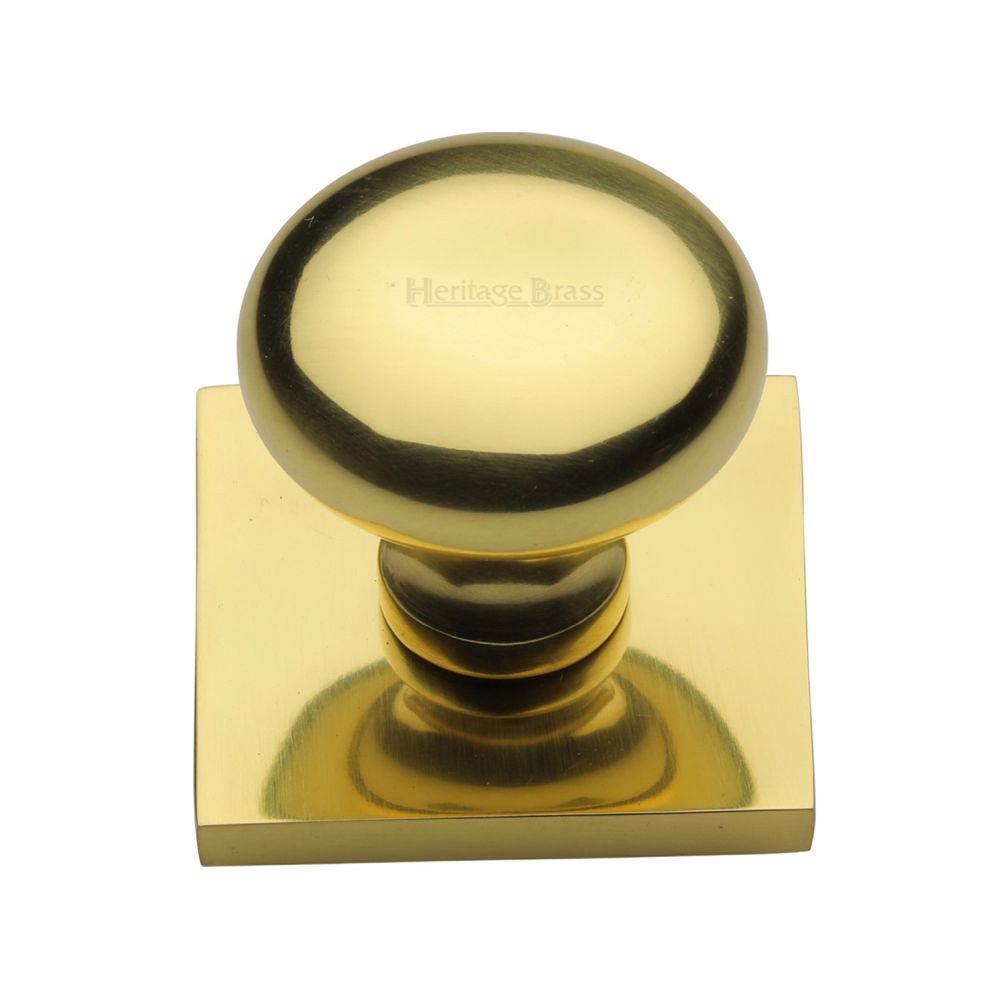 This is an image of a Heritage Brass - Cabinet Knob Victorian Round Design with Square Backplate 32mm, sq113-pb that is available to order from T.H Wiggans Ironmongery in Kendal.