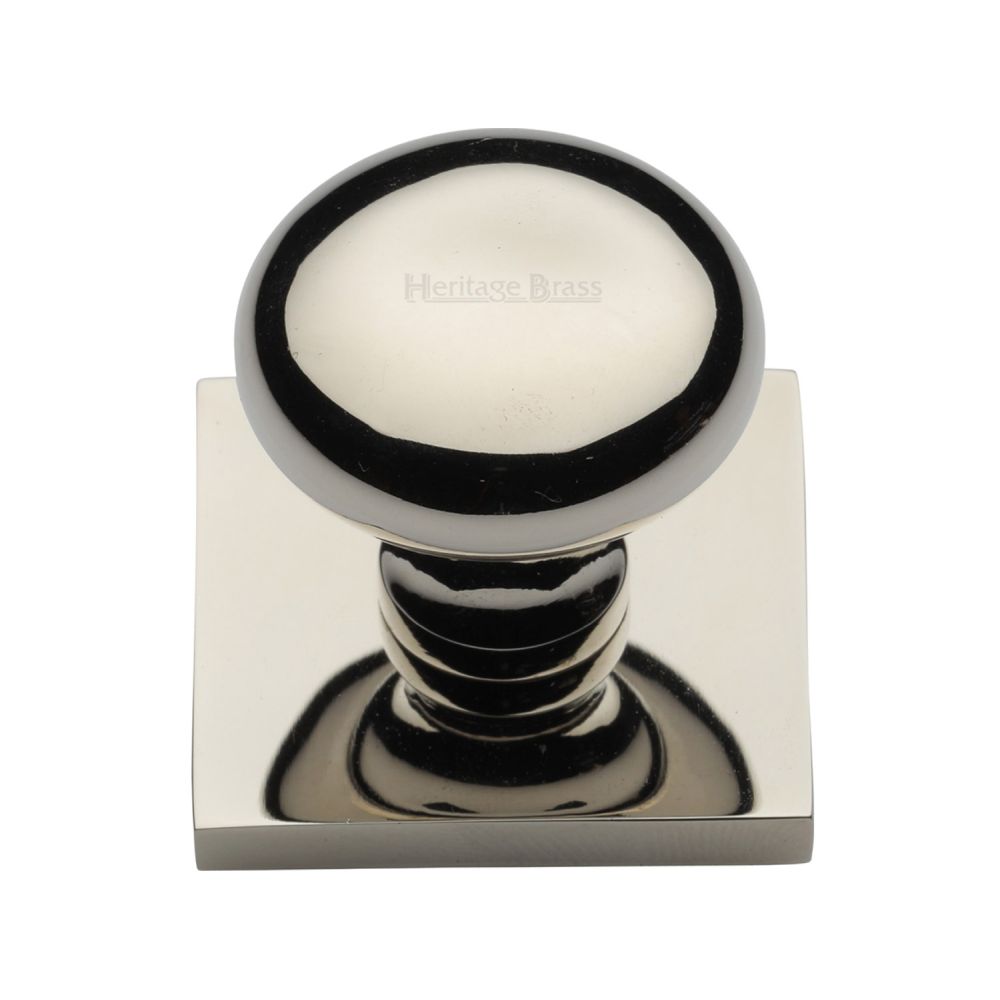 This is an image of a Heritage Brass - Cabinet Knob Victorian Round Design with Square Backplate 32mm, sq113-pnf that is available to order from T.H Wiggans Ironmongery in Kendal.