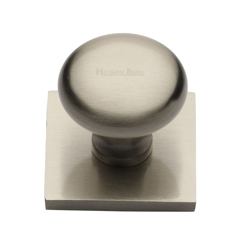 This is an image of a Heritage Brass - Cabinet Knob Victorian Round Design with Square Backplate 32mm, sq113-sn that is available to order from T.H Wiggans Ironmongery in Kendal.