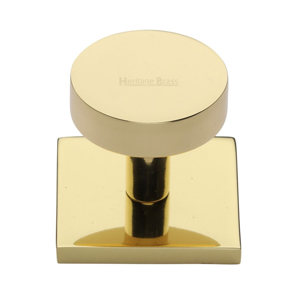 This is an image of a Heritage Brass - Cabinet Knob Disc Design with Square Backplate 32mm Polished Brass, sq3880-pb that is available to order from T.H Wiggans Ironmongery in Kendal.