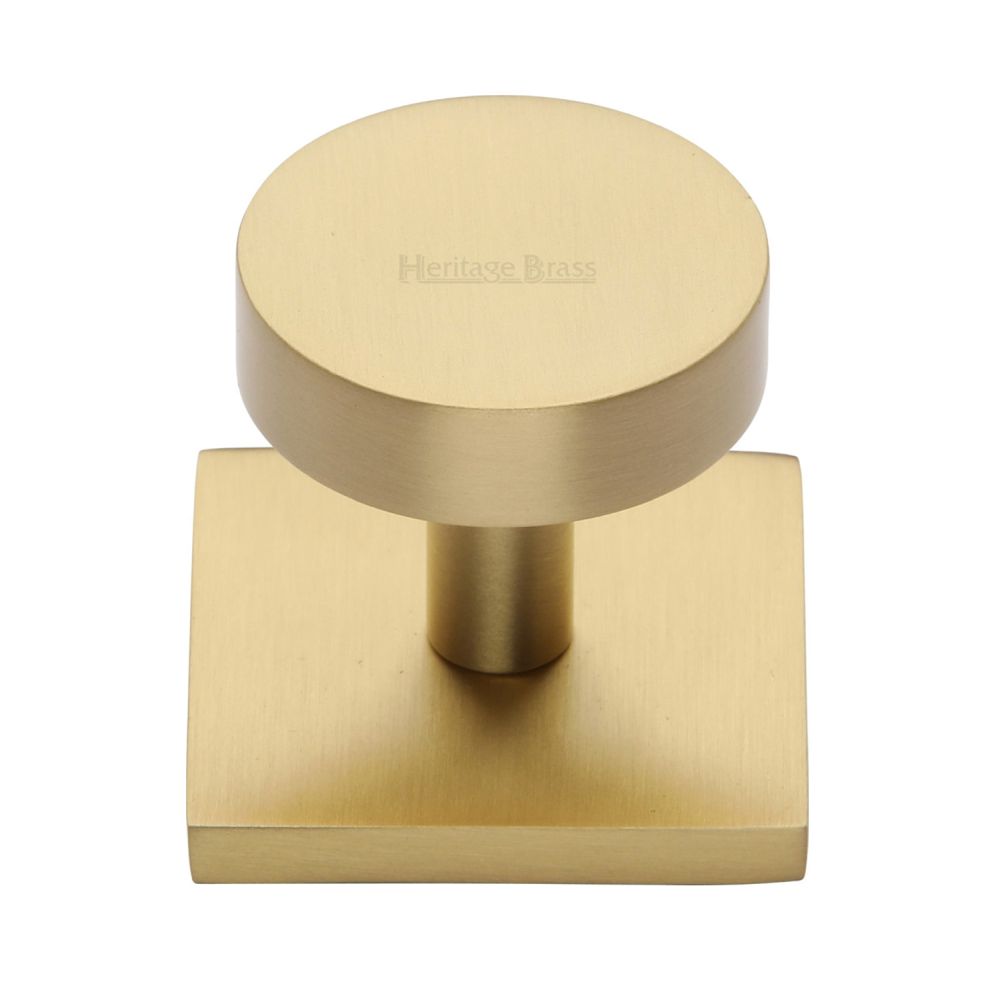 This is an image of a Heritage Brass - Cabinet Knob Disc Design with Square Backplate 32mm Satin Brass, sq3880-sb that is available to order from T.H Wiggans Ironmongery in Kendal.