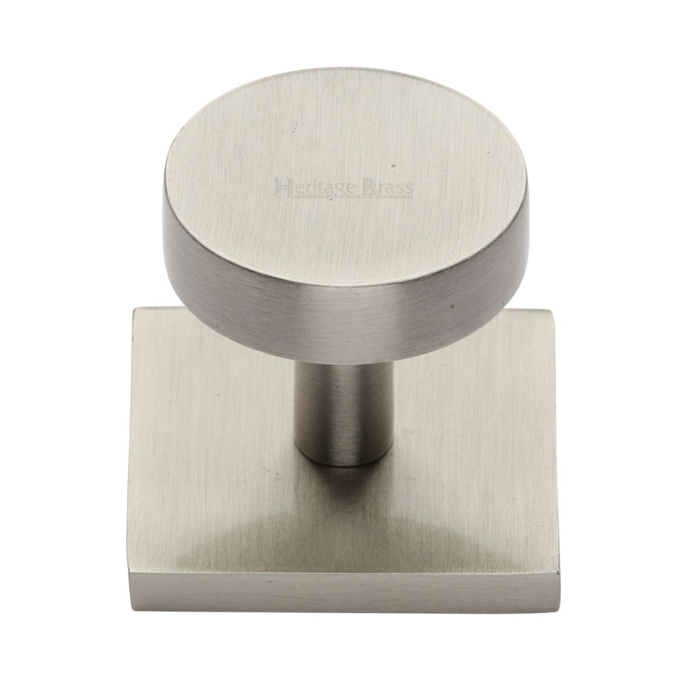 This is an image of a Heritage Brass - Cabinet Knob Disc Design with Square Backplate 32mm Satin Nickel, sq3880-sn that is available to order from T.H Wiggans Ironmongery in Kendal.