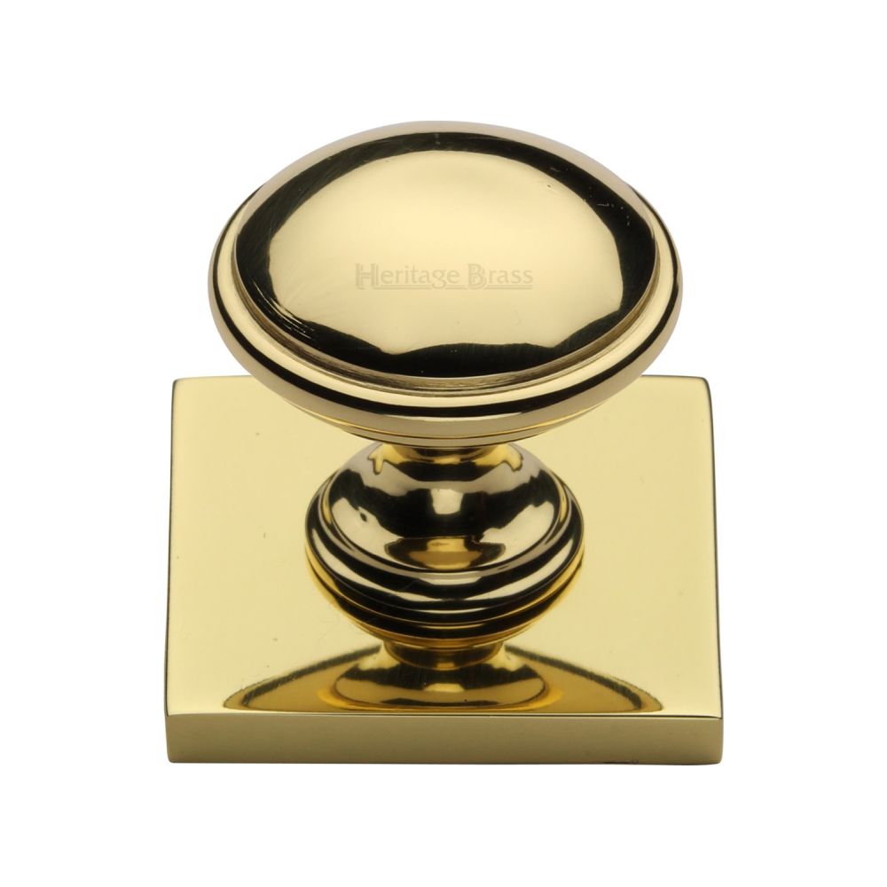 This is an image of a Heritage Brass - Cabinet Knob Domed Design with Square Backplate 32mm Polished Brass, sq3950-pb that is available to order from T.H Wiggans Ironmongery in Kendal.