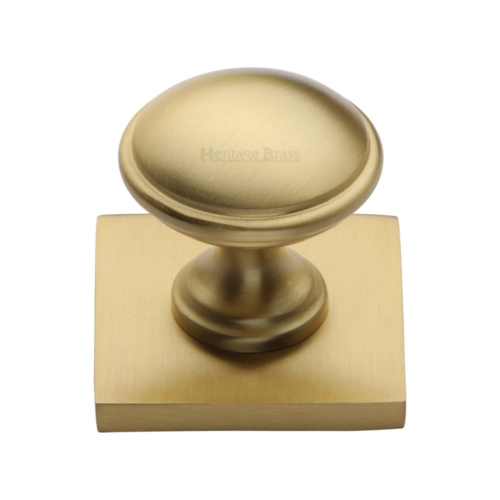 This is an image of a Heritage Brass - Cabinet Knob Domed Design with Square Backplate 32mm Satin Brass, sq3950-sb that is available to order from T.H Wiggans Ironmongery in Kendal.
