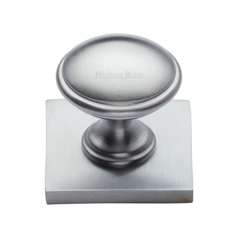 This is an image of a Heritage Brass - Cabinet Knob Domed Design with Square Backplate 32mm Satin Chrom, sq3950-sc that is available to order from T.H Wiggans Ironmongery in Kendal.