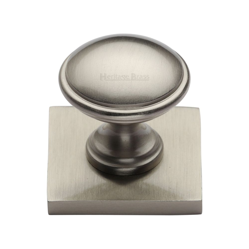 This is an image of a Heritage Brass - Cabinet Knob Domed Design with Square Backplate 32mm Satin Nicke, sq3950-sn that is available to order from T.H Wiggans Ironmongery in Kendal.