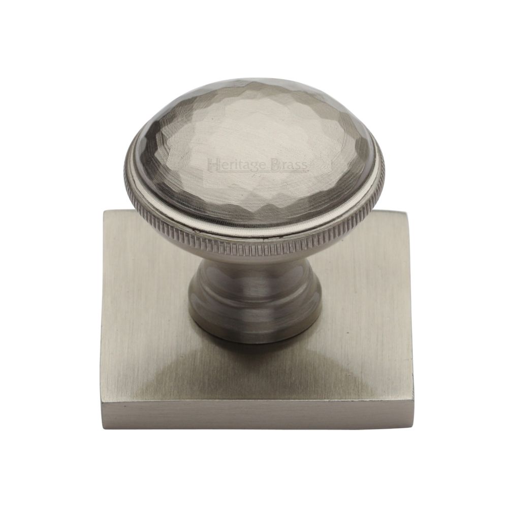 This is an image of a Heritage Brass - Cabinet Knob Diamond Cut Design with Square Backplate 32mm Satin, sq4545-sn that is available to order from T.H Wiggans Ironmongery in Kendal.