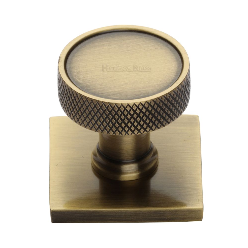 This is an image of a Heritage Brass - Cabinet Knob Florence Knurled Design with Square Backplate 32mm, sq4648-at that is available to order from T.H Wiggans Ironmongery in Kendal.