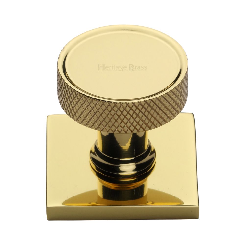 This is an image of a Heritage Brass - Cabinet Knob Florence Knurled Design with Square Backplate 32mm, sq4648-pb that is available to order from T.H Wiggans Ironmongery in Kendal.
