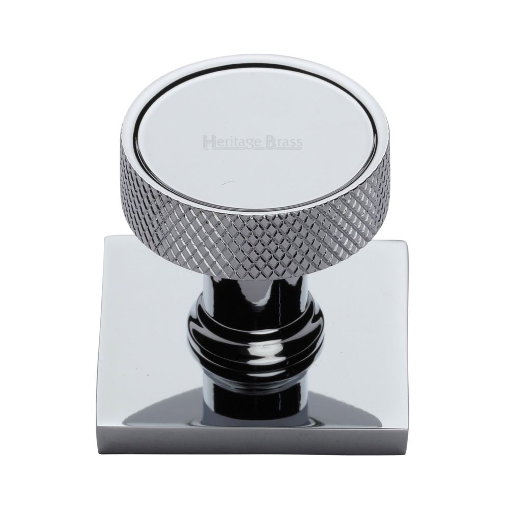 This is an image of a Heritage Brass - Cabinet Knob Florence Knurled Design with Square Backplate 32mm, sq4648-pc that is available to order from T.H Wiggans Ironmongery in Kendal.