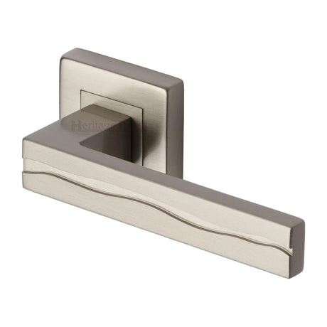 This is an image of a Heritage Brass - Door Handle Lever Latch on Square Rose Amazon Sq Design Satin Nickel finish, sq5440-sn that is available to order from T.H Wiggans Ironmongery in Kendal.