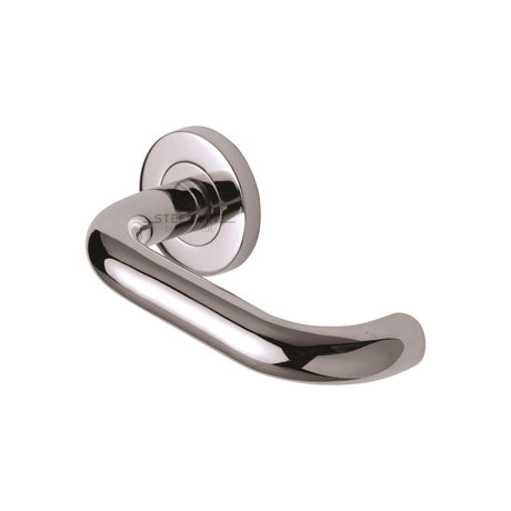 This is an image of a Steel Line Door Handle Lever Latch on Round Rose D Design Polished Stainless Steel finish, ss-451-p that is available to order from T.H Wiggans Ironmongery in Kendal.