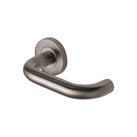 This is an image of a Steel Line Door Handle Lever Latch on Round Rose D Design Satin Stainless Steel finish, ss-451-s that is available to order from T.H Wiggans Ironmongery in Kendal.