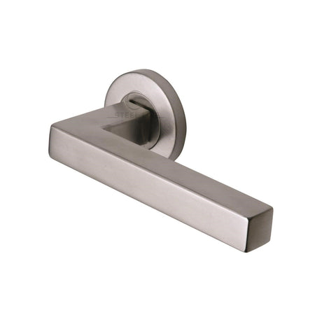 This is an image of a Steel Line Door Handle Lever Latch on Round Rose Tube Design Satin Stainless Steel finish, ss-601-s that is available to order from T.H Wiggans Ironmongery in Kendal.