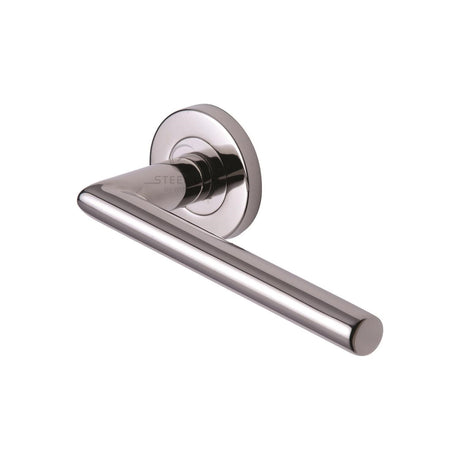 This is an image of a Steel Line Door Handle Lever Latch on Round Rose Tubular Design Polished Stainless Steel finish, ss-651-p that is available to order from T.H Wiggans Ironmongery in Kendal.