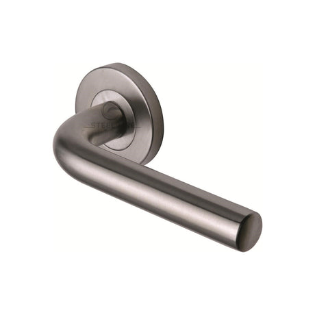 This is an image of a Steel Line Door Handle Lever Latch on Round Rose Tubular Design Satin Stainless Steel finish, ss-701-s that is available to order from T.H Wiggans Ironmongery in Kendal.