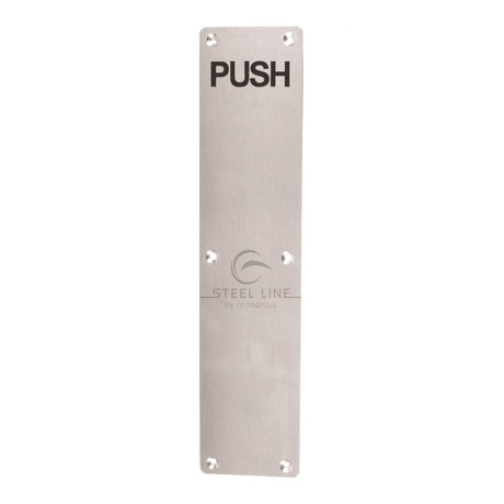 This is an image of a Steel Line Fingerplate Engraved 'Push' Satin Stainless Steel finish, ss-plate003-s that is available to order from T.H Wiggans Ironmongery in Kendal.