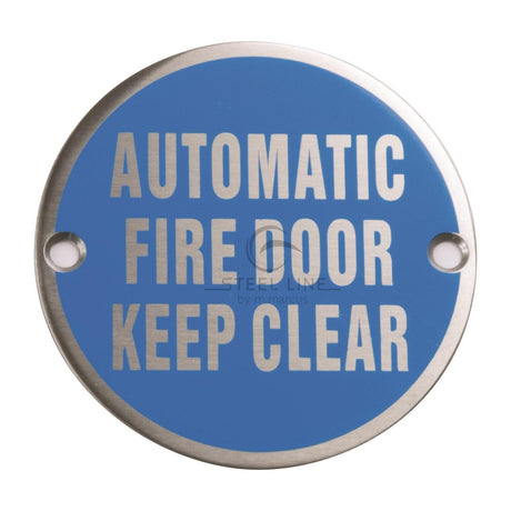 This is an image of a Steel Line Automatic Fire Door Keep Clear Engraving Satin Stainless Steel finish, ss-sign001-s that is available to order from T.H Wiggans Ironmongery in Kendal.