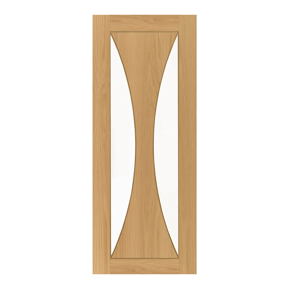 This is an image of Deanta Sorrento Prefinished Oak Clear Glazed Doors available to order from T.H. Wiggans Ironmongery in Kendal